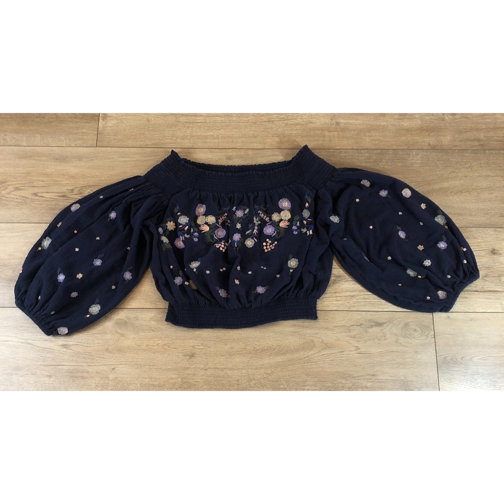 Free People Saachi Embroidered Off Shoulder Long Sleeve Boho Top Navy M Floral